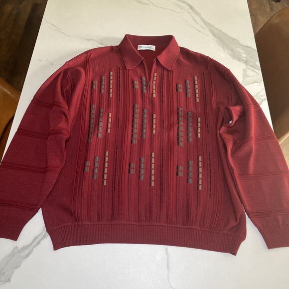 St Croix Shop Mens Large 1/4 Zip Geometric Maroon Sweater Wool Blend Textured - Picture 1 of 12